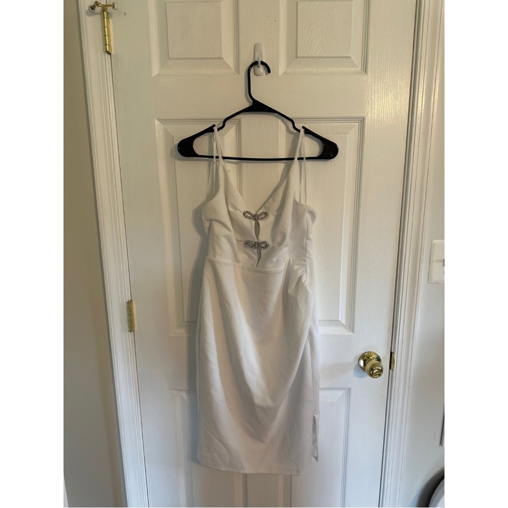 Lulu’s Refined Inspiration White Rhinestone Bow Bodycon Midi Dress